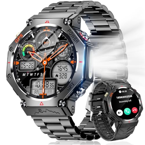 スマートウォッチ【2025年業界新登場 ChatGPT搭載】高輝度懐中電灯 軍用規格 Bluetooth5.3通話 スポーツウォッチ 3ATM防水 耐衝撃 GPS運動軌跡記録 腕時計 長持ちバッテリー 100+運動モード DIY文字盤 高度計 気圧計 コンパス Lineなどアプリ通知 歩数計 iPhone アンドロイド対応 日本語説明書（ブラック）